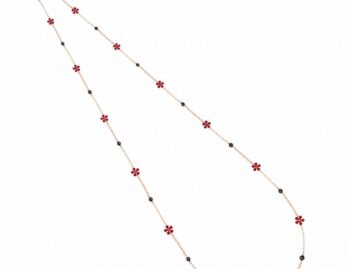 COLLANA LUNGA DI CATENA CON FIORI IN SMALTO ROSSO E SPINELLO